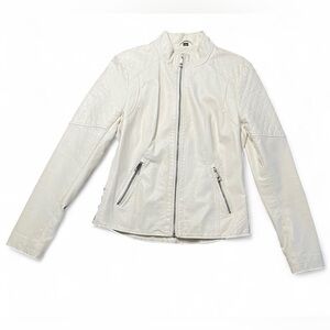 Guess white faux-leather moto jacket with quilted shoulder and arm accents